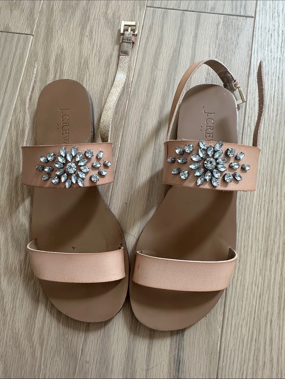J. Crew Peachy Pink Leather Crystal-Embellished Slingback Sandals